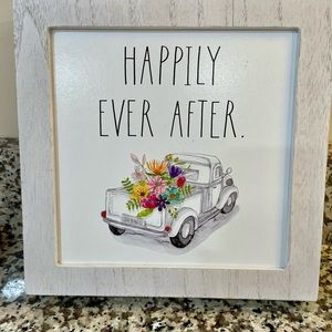 Rae Dunn Wedding Block Sign Gift Happily Ever After Wood Truck Flowers NEW